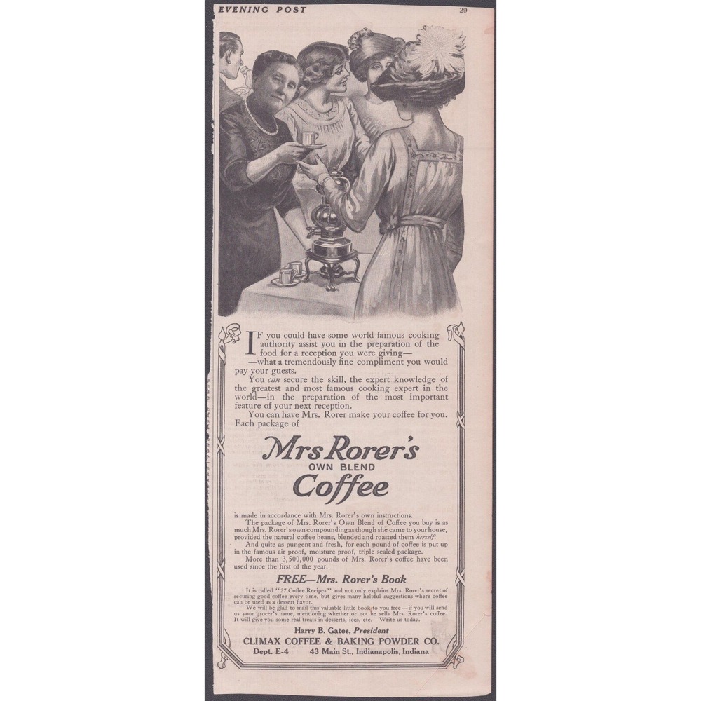 Vintage 1910s Mrs Rorers Own Blend Coffee Print Ad Climax Coffee Indianapolis